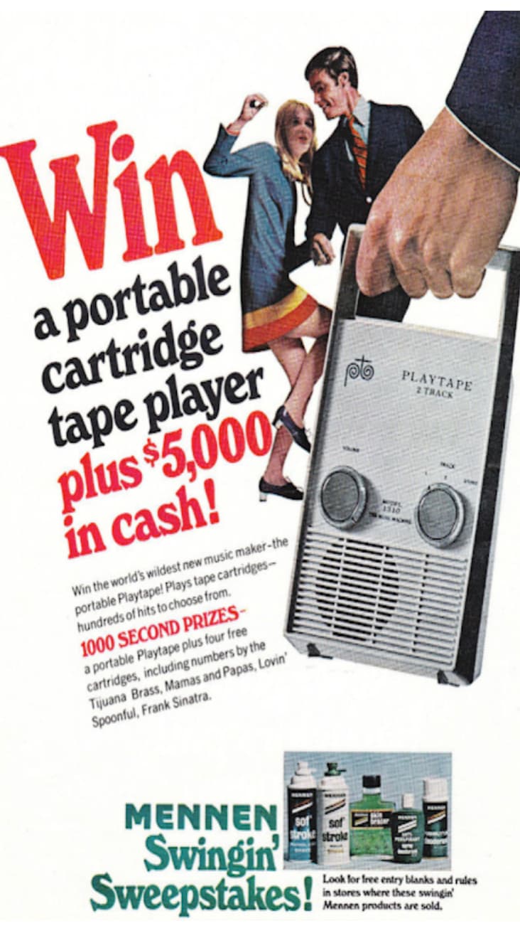 flyer - Win a portable cartridge tape player plus $5,000 in cash! Win the world's wildest new music makerthe portable Playtape! Plays tape cartridges hundreds of hits to choose from. 1000 Second Prizes a portable Playtape plus four free cartridges, includ